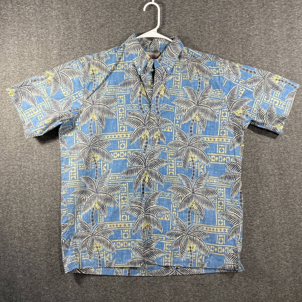 Reyn Spooner ART OF EDDY Y Hawaiian Shirt Large Palm Tree Tribal Popover Blue
